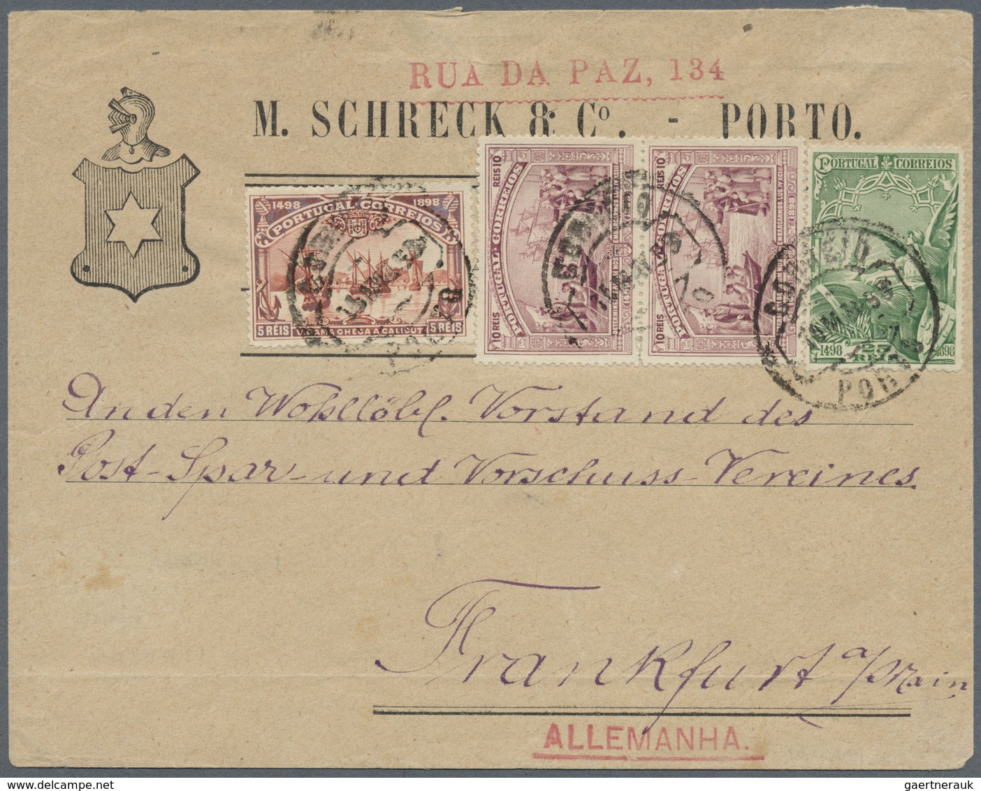 Br Portugal: 1898 (10.5.), Vasco Da Gama 25r. Green, 10r. Lilac Vert. Apir + 5r. Vermilion Used On Cove - Lettres & Documents