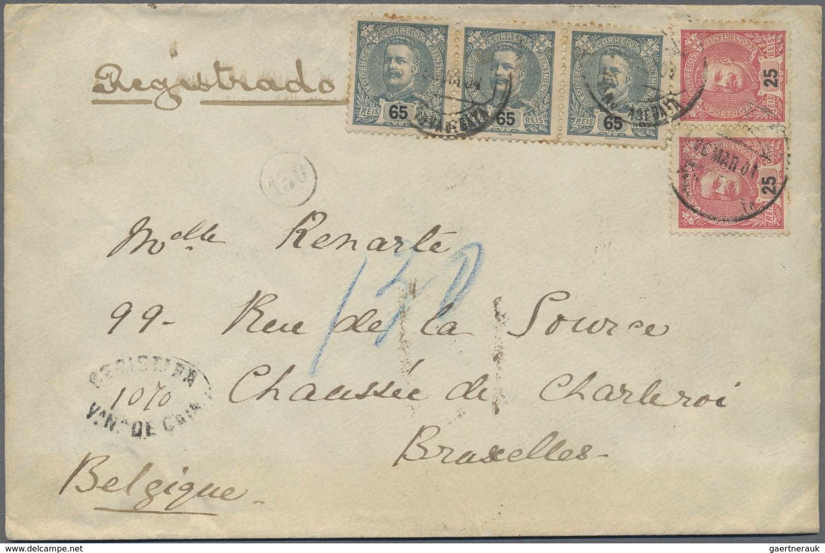 Br Portugal: 1901. Registered Envelope To Belgium Bearing Yvert 131, 25c Rose (pair) And Yvert 134, 65c - Brieven En Documenten