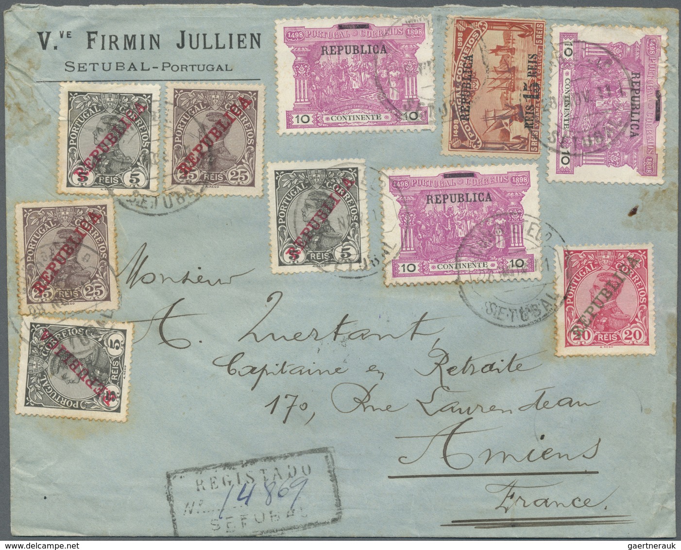 Br Portugal: 1911. Registered Envelope (stains) Addressed To France Bearing 'Republica ' Yvert 169, 5r - Lettres & Documents