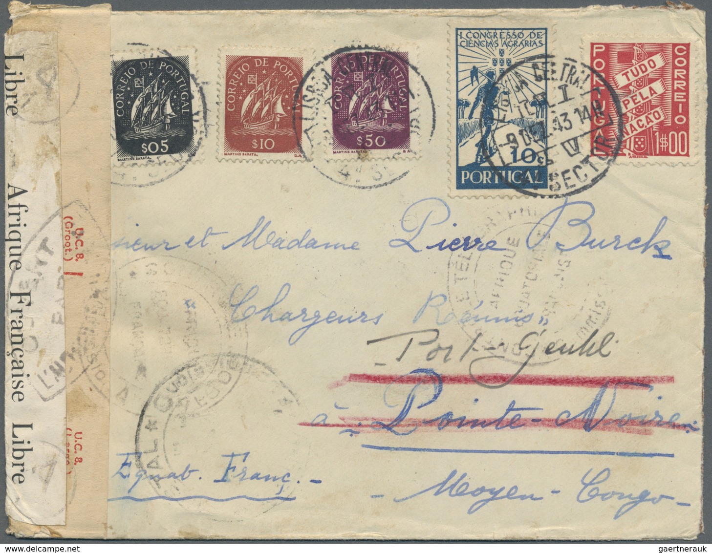 Br Portugal: 1943. Censored Envelope Addressed To French Middle Congo Bearing Yvert 583, 1e Red, 10c In - Brieven En Documenten