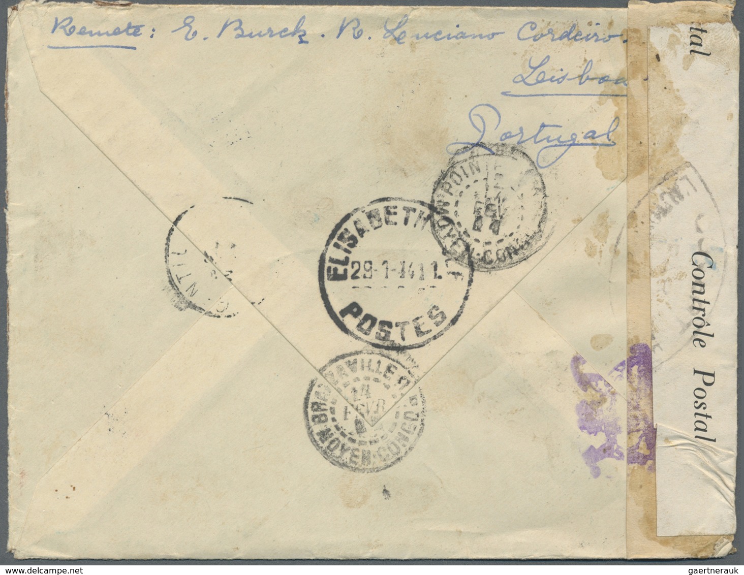 Br Portugal: 1943. Censored Envelope Addressed To French Middle Congo Bearing Yvert 583, 1e Red, 10c In - Lettres & Documents