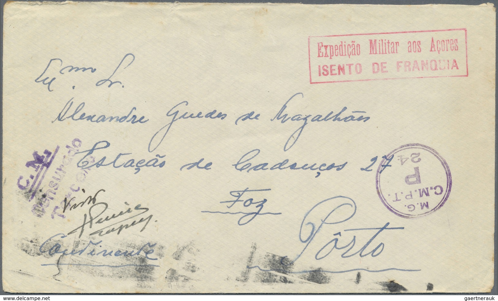 Br Portugal - Azoren: 1944. Unstamped Envelope Written From Terceira To Porto Cancelled By Boxed "Exped - Azores
