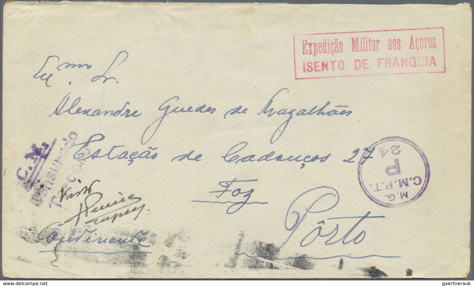 Br Portugal - Azoren: 1944. Unstamped Envelope Written From Terceira To Porto Cancelled By Boxed "Exped - Açores