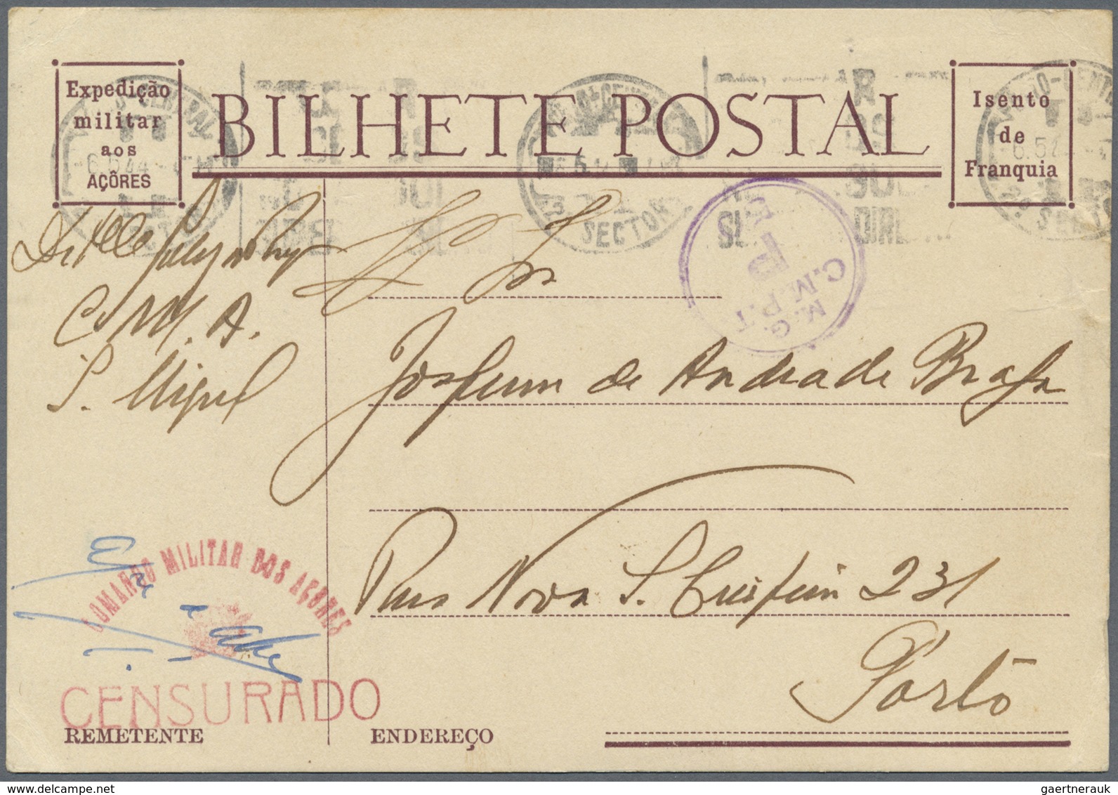 Br Portugal - Azoren: 1944. Military Mail Post Card Written From S. Miguel To Porto Cancelled By Circul - Azoren