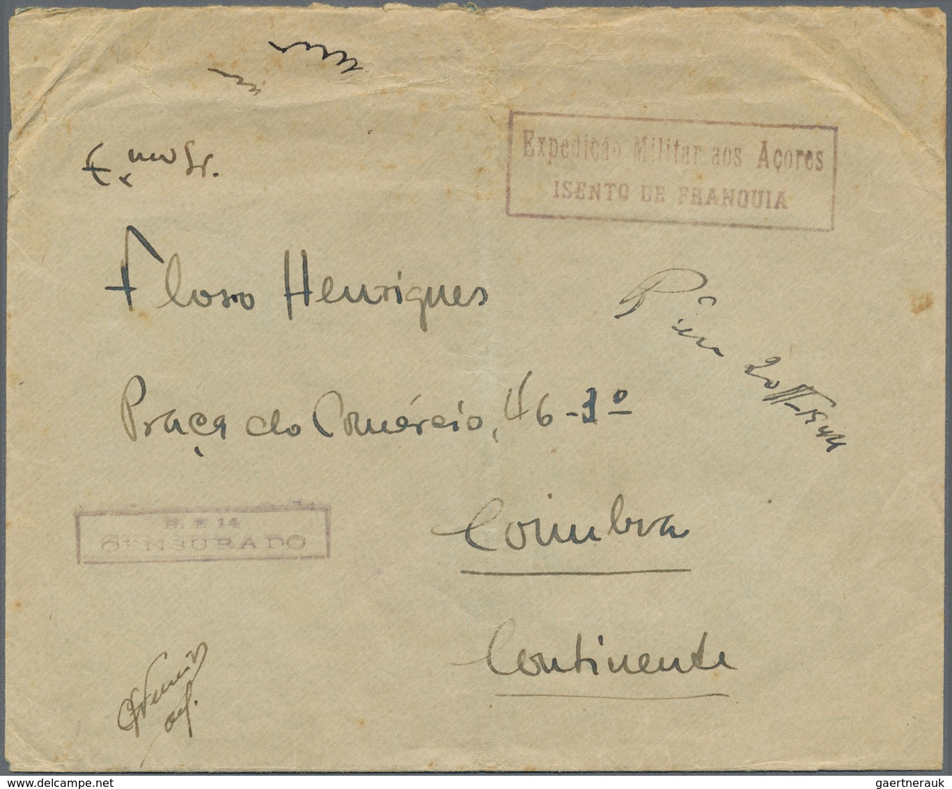 Br Portugal - Azoren: 1946. Unstamped Envelope Written From S. Miguel To Coimbra Cancelled By Boxed 'Ex - Azores