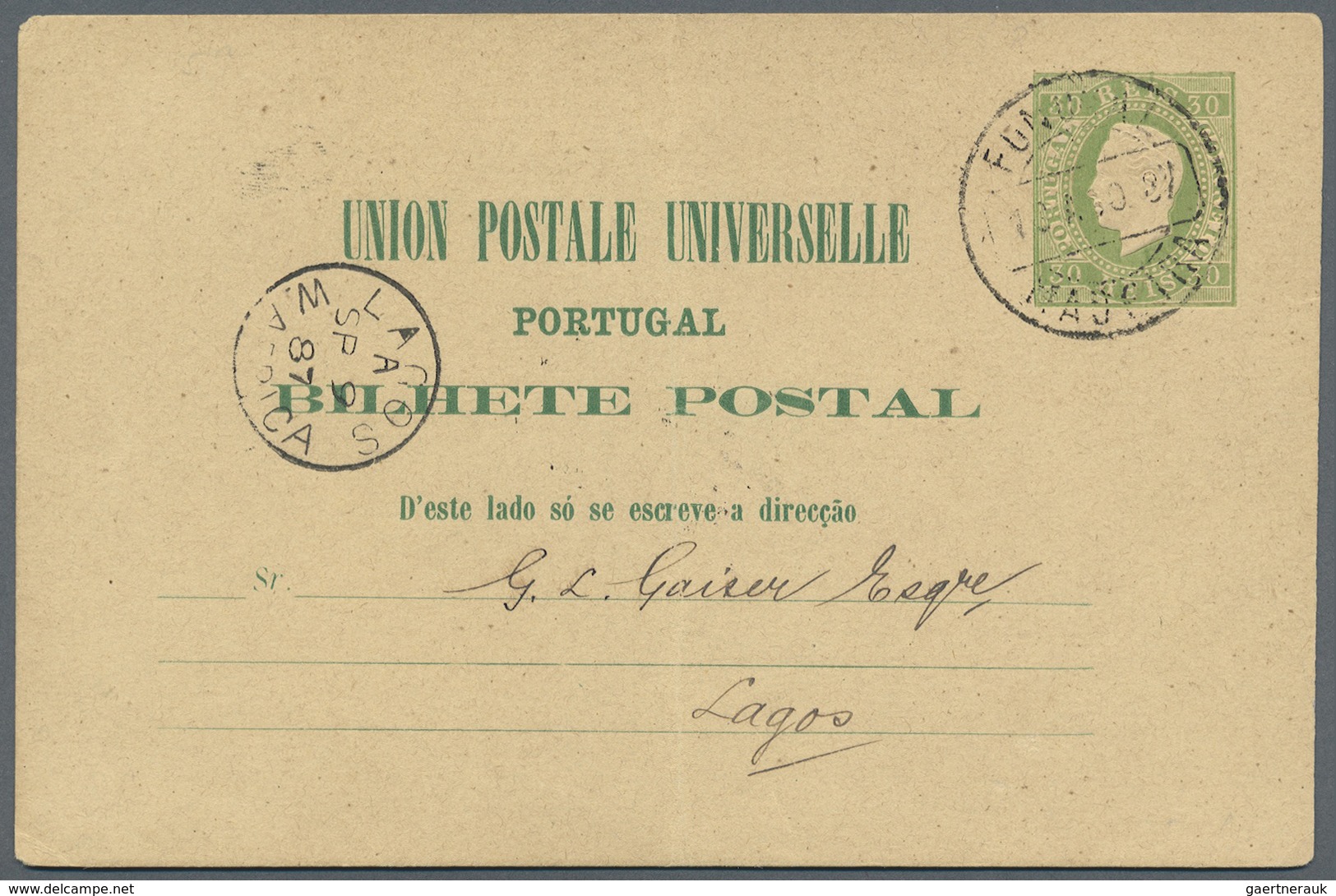 GA Portugal - Madeira: 1887. Postal Stationery Card 30r Green (vertical Fold) Cancelled By Funchal Made - Madeira