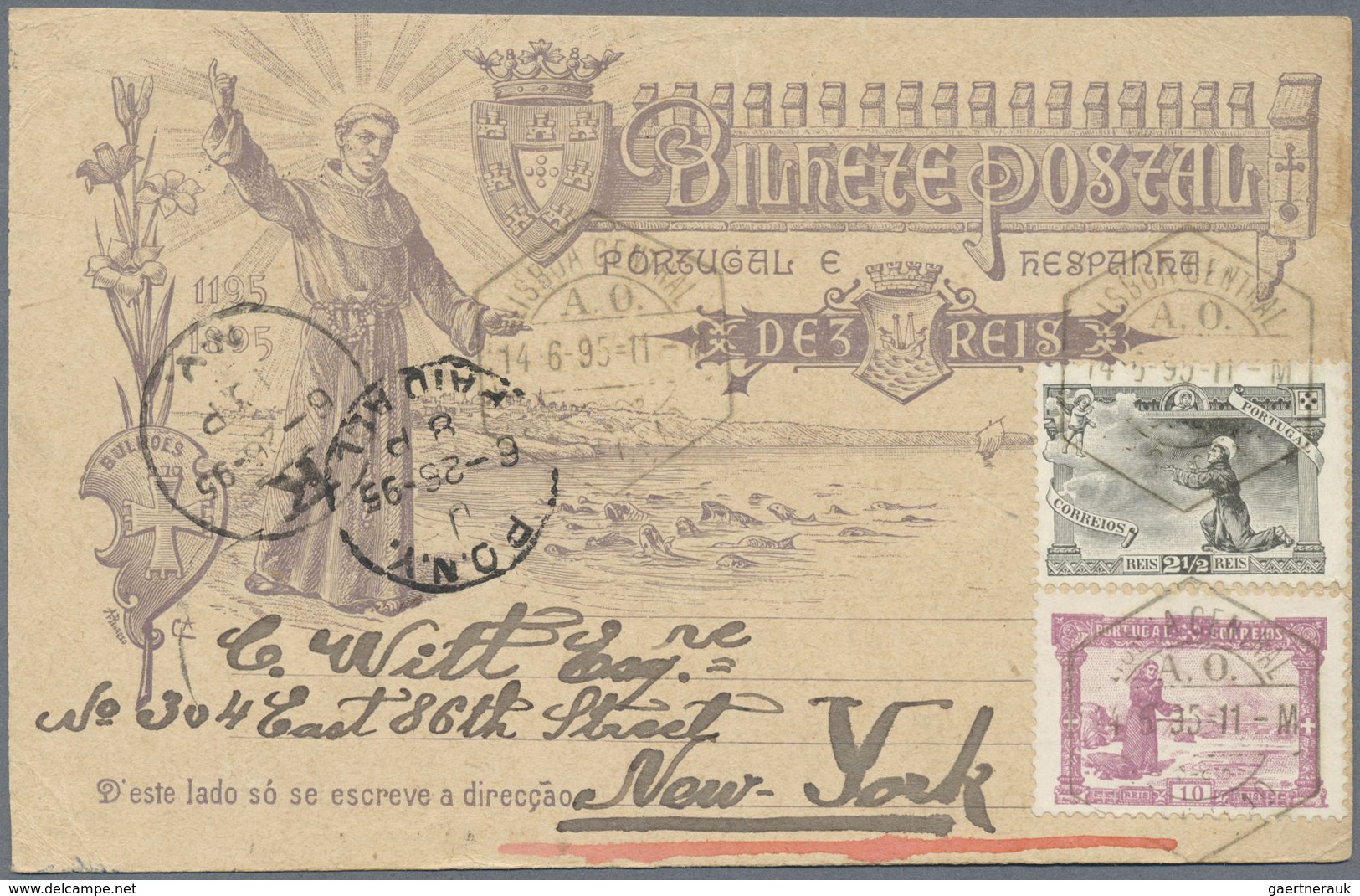 GA Portugal - Ganzsachen: 1895, 10 Reis St.Anthony Postal Stationery Card, Uprated With 2 1/2 Reis Blac - Postal Stationery