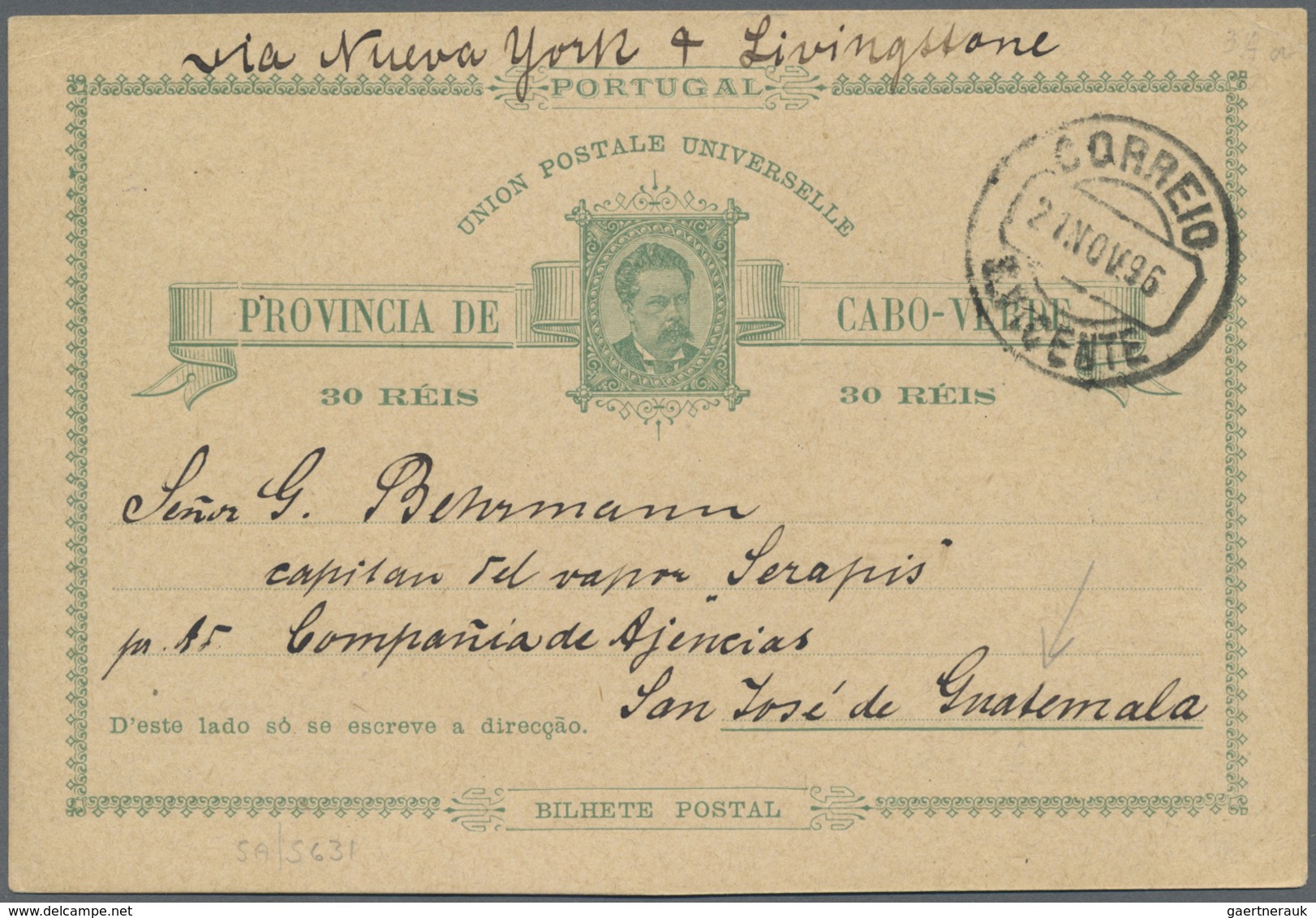 GA Portugal - Ganzsachen: 1896, Stationery Cabo Verde Card 30 R Green On Buff, Sent From "S.VICENTE 21 - Postwaardestukken