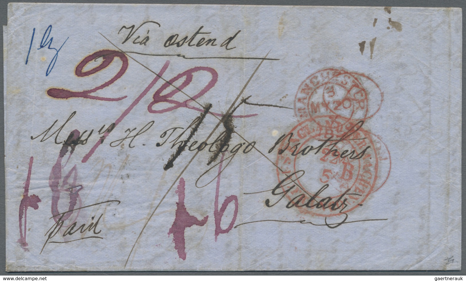 Br Rumänien: 1859 (May 20), Prepaid Entire Letter To Galatz, Romania With Manchester Cds Of Despatch In - Lettres & Documents