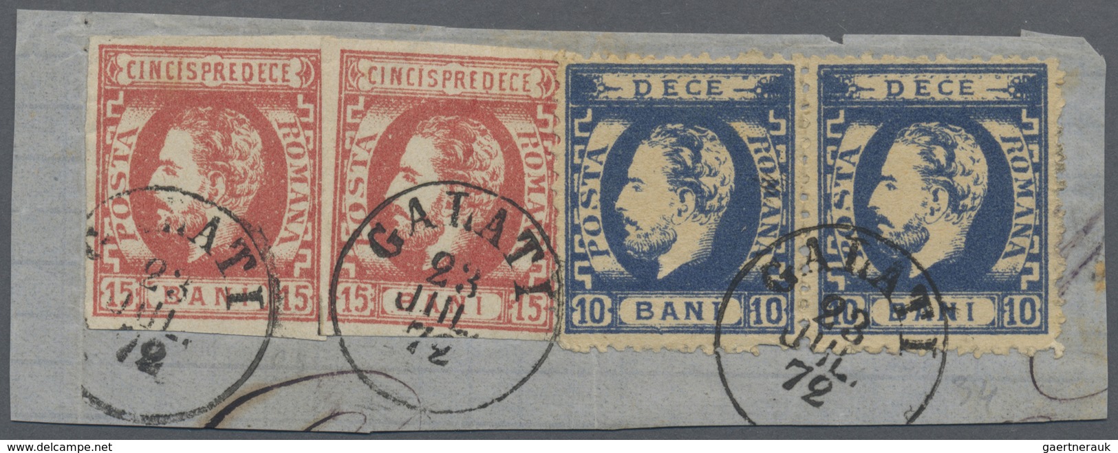 Brfst Rumänien: 1871/72, "Karl I Mit Vollbart" Zweimal 15 B Rot Breitrandig Geschnitten Und Paar 10 B Blau - Briefe U. Dokumente