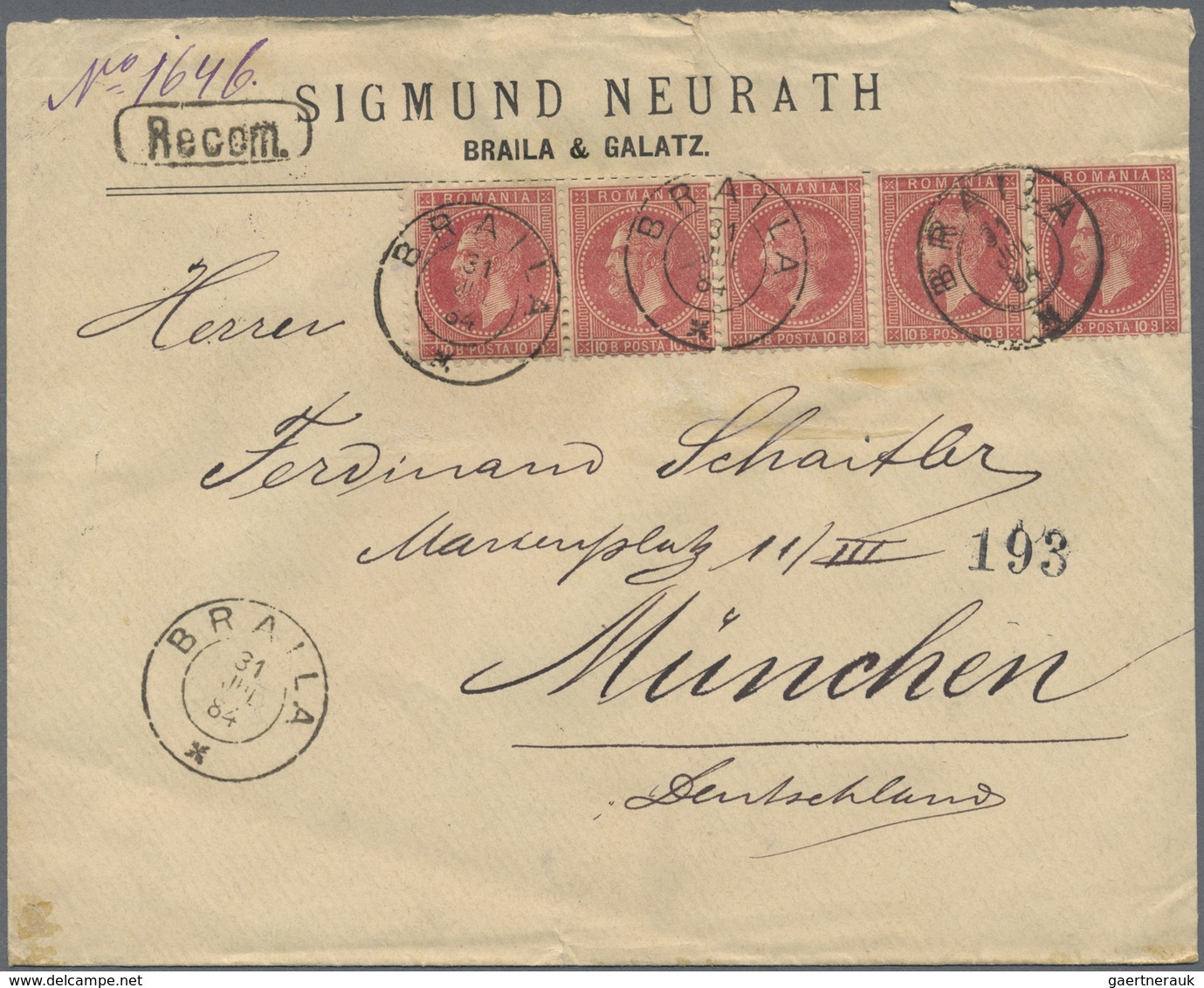 Br Rumänien: 1884, 10 B. Carmine On Yellowish Horizontal Strip Of Five On Registered Cover Tied By "BRA - Brieven En Documenten