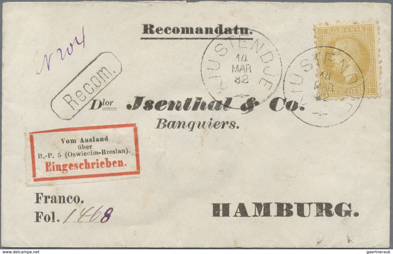 Br Rumänien: 1882. Registered Letter With Single Franking "50b Ruler" Und Label "Vom Ausland / über / B - Brieven En Documenten