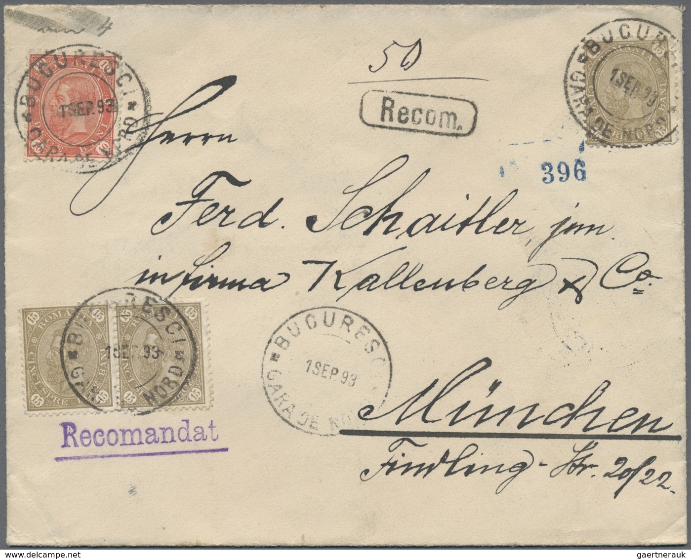 Br Rumänien: 1893, Horizontal Pair And Single 15 B. Olivebrown And 10 B. Red On Registered Cover Tied B - Lettres & Documents