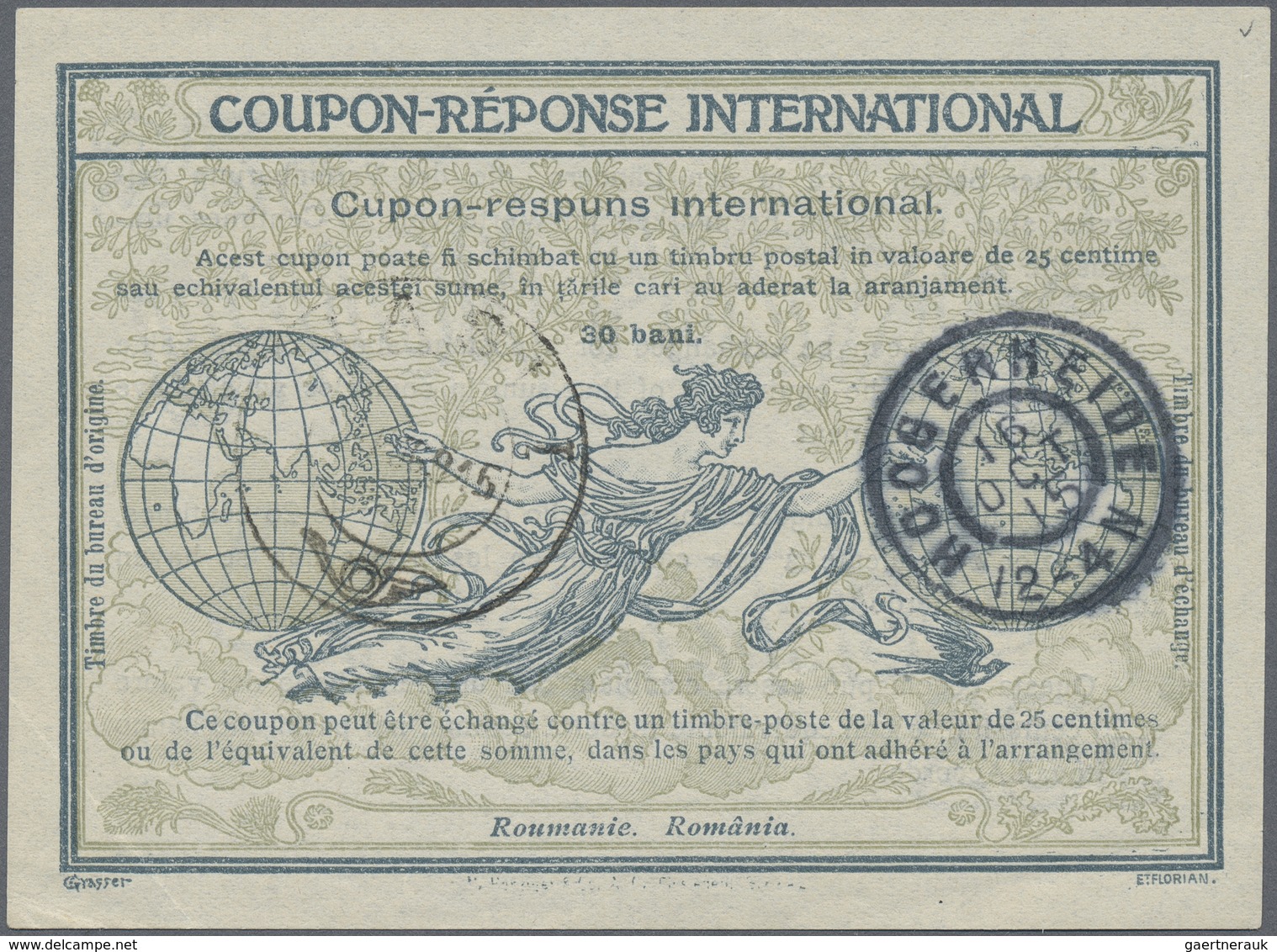 GA Rumänien: 1915, COUPON-REPONSE INTERNATIONAL From Romania 30 Bani ROME Type Cancelled In 1915 And Ca - Brieven En Documenten