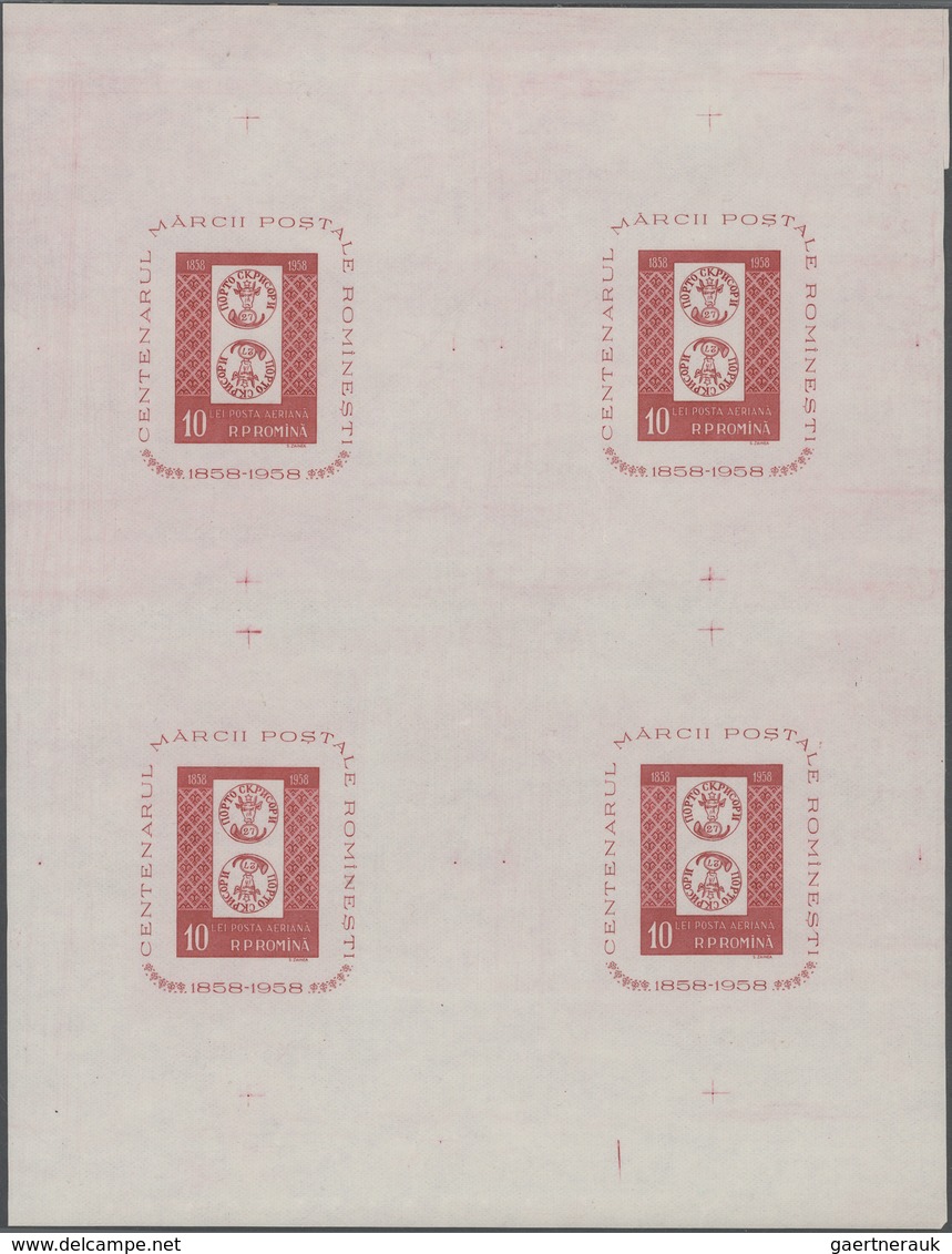 ** Rumänien: 1958. BF 10l Rouge Centenaire Du Timbre. Feuille De 4 Blocs Non Dentelés. Non Répertorié. - Lettres & Documents