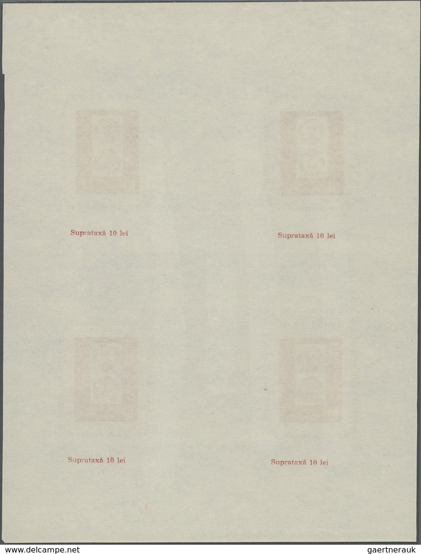 ** Rumänien: 1958. BF 10l Rouge Centenaire Du Timbre. Feuille De 4 Blocs Non Dentelés. Non Répertorié. - Lettres & Documents