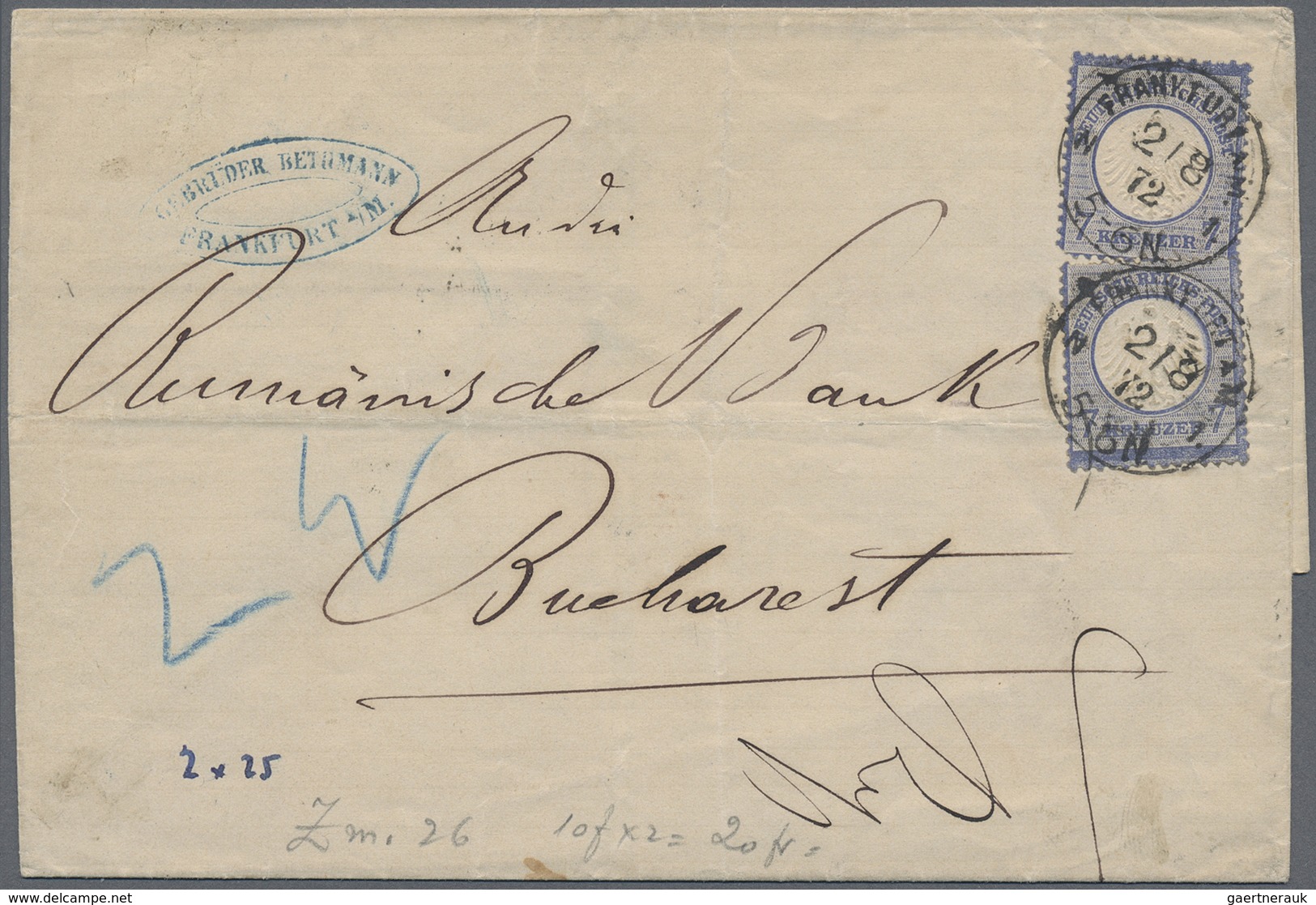 Br Rumänien - Besonderheiten: 1872, German Empire Incoming Mail: Small Shield 2x 7 Kr. Blue On Envelope - Autres & Non Classés