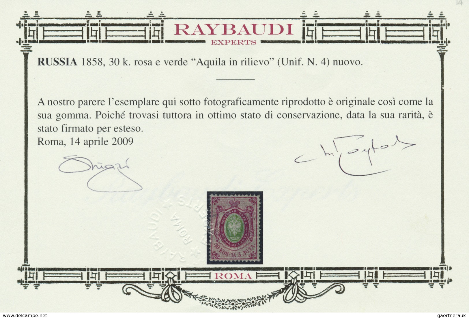 */(*) Russland: 1858 30k. Green & Rose-carmine, With Variety "Watermark "3" Clearly Shifted To The Right", - Ongebruikt