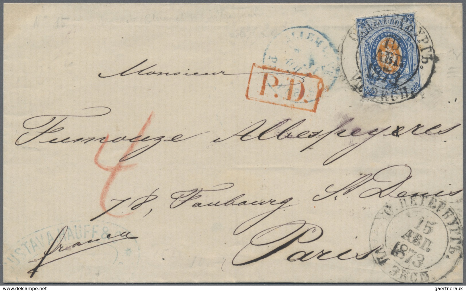 Br Russland: 1873, 20 Kop Single Franking On Folded Letter From St. Petersburg To Paris - Neufs