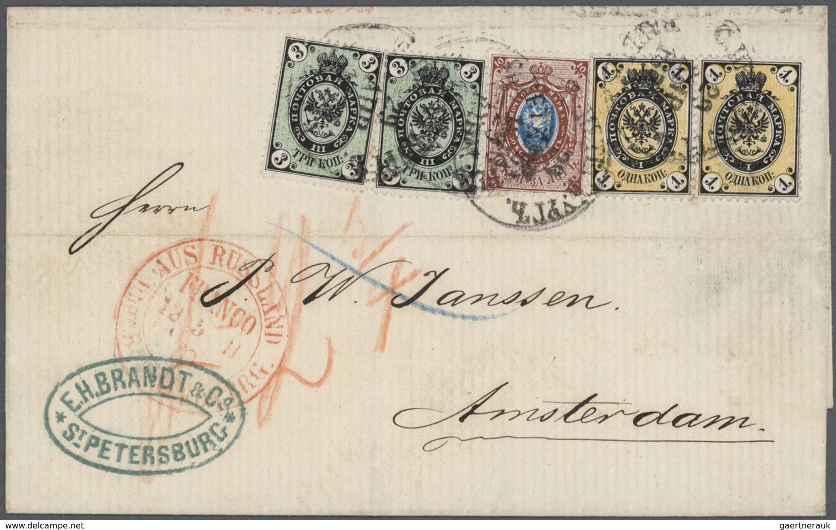 Br Russland: 1870, Letter With Beautiful Three Colour Franking Containing 3 Kop Coat Of Arms Each With - Neufs