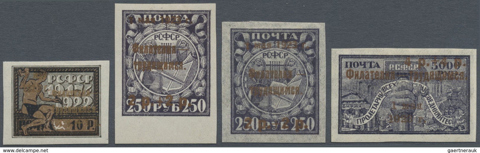 * Russland: 1923, Philately Issue Four Different Values Incl. 10r. With Gold Opt., 250r. Both Papers W - Ongebruikt