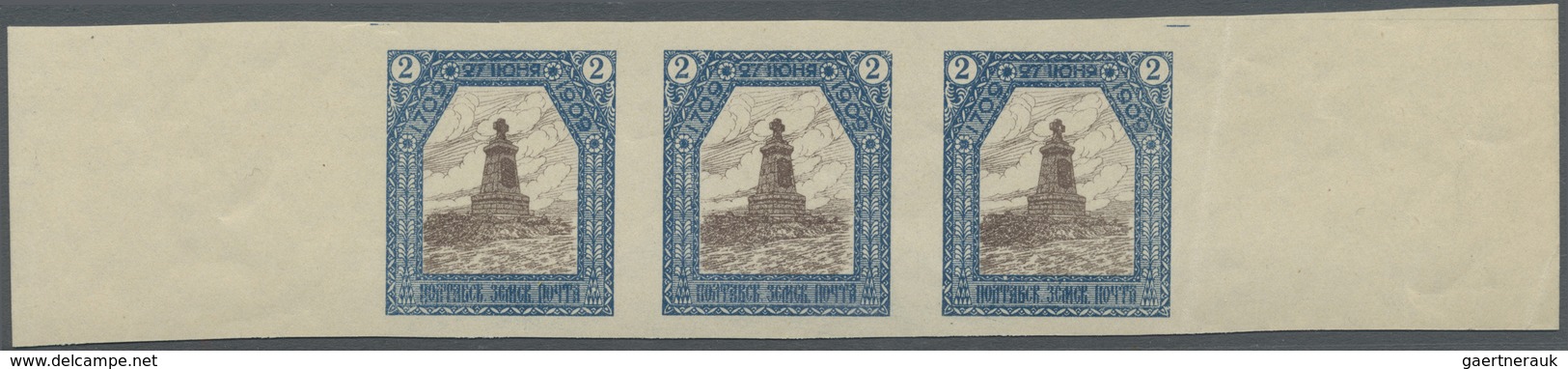 ** Russland - Semstwo (Zemstvo): POLTAVA 1909: 2k. Grey-brown & Blue, Laterally Marginal Strip Of Three - Zemstvos