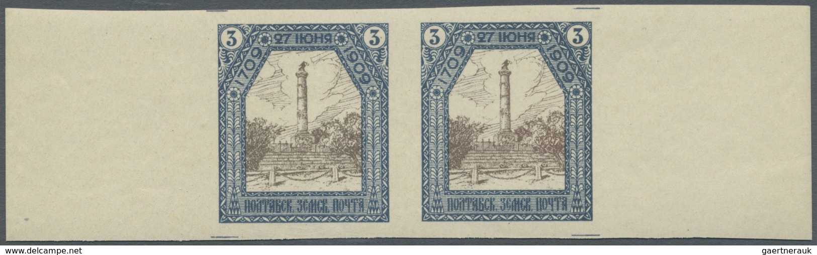 ** Russland - Semstwo (Zemstvo): POLTAVA 1909: 3k. Grey-brown & Blue, Laterally Marginal Pair, Imperfor - Zemstvos