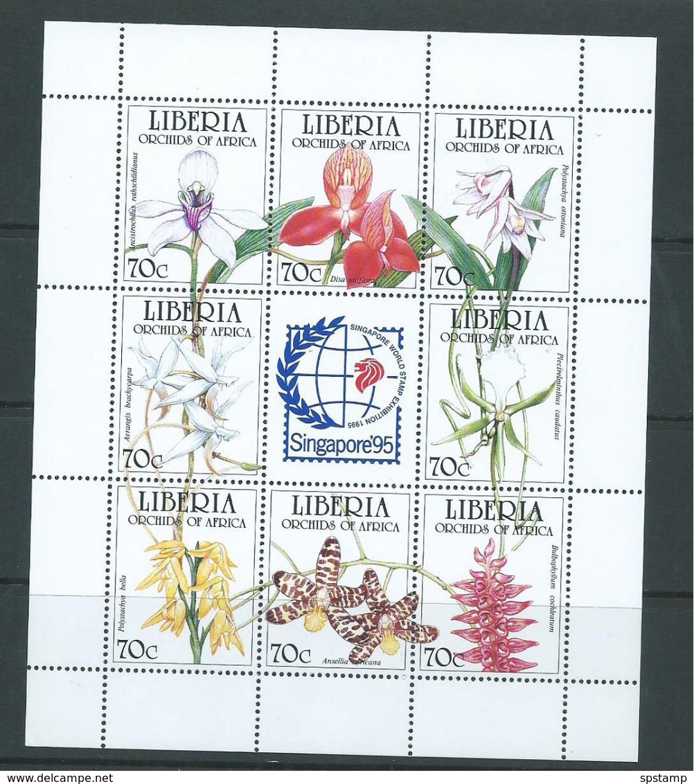 Liberia 1995 Orchid Flowers Set Of 8 Sheetlet Format With Singapore 95 Central Label MNH - Orchids