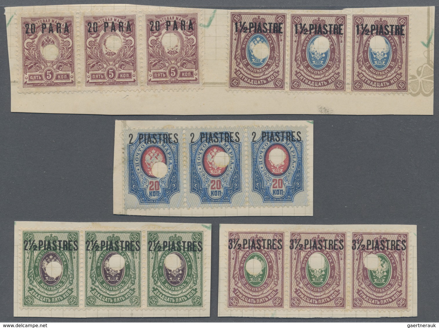 Brfst Russische Post In Der Levante - Staatspost: 1912, Five Stripes Of Three Unused On Paper With Specime - Levant