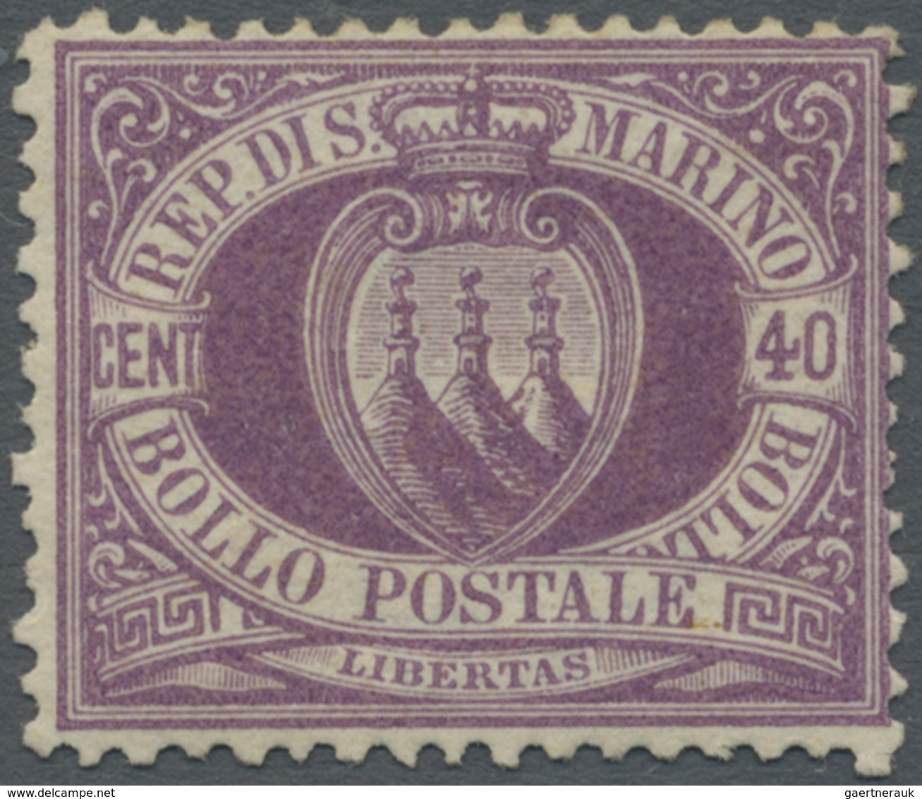 * San Marino: 1877: 40 Centesimi Dunkellila (lilla Scuro), Ungebraucht (nuovo Con Gomma), Attest Soran - Neufs