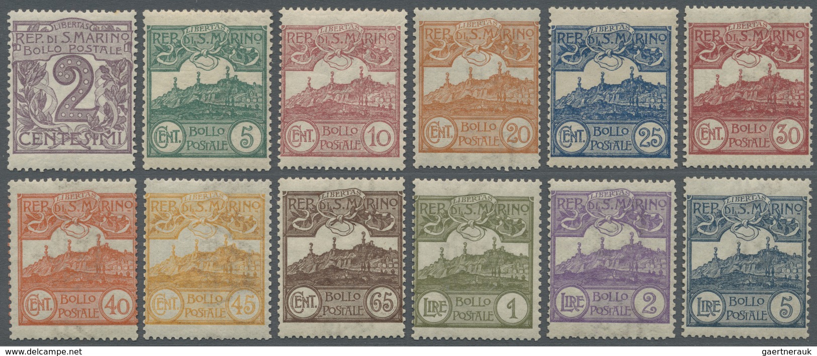 ** San Marino: 1903, Definitives "Cypher/Monte Titano", 2c. To 5l., Complete Set Of Twelve Values, Main - Ongebruikt