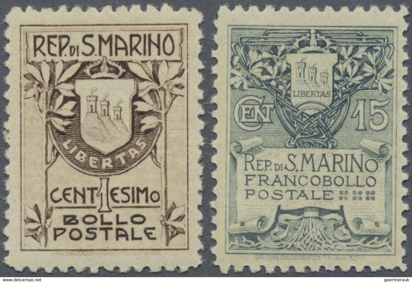 ** San Marino: 1910, 1c. Brown And 15c. Slate On Yellowish Paper, Two Values Unmounted Mint, 15c. Some - Neufs