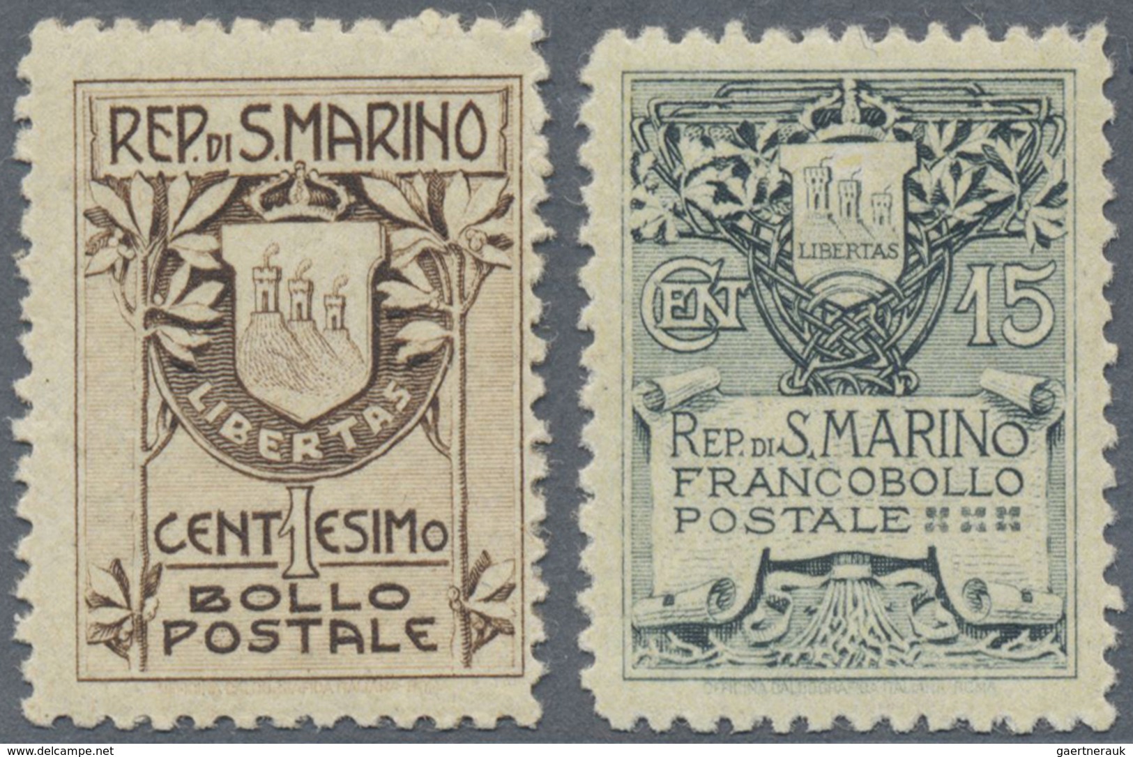 ** San Marino: 1910, Coat Of Arms 1 C And 15C, New Edition, Mint Never Hinged, Signed Diena. - Neufs