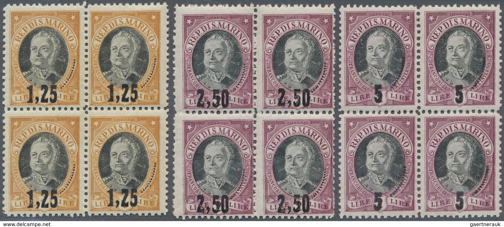 ** San Marino: 1927, Ravaluation Overprints On Antonio Onofri, Complete Set Of Three Values As Blocks O - Neufs