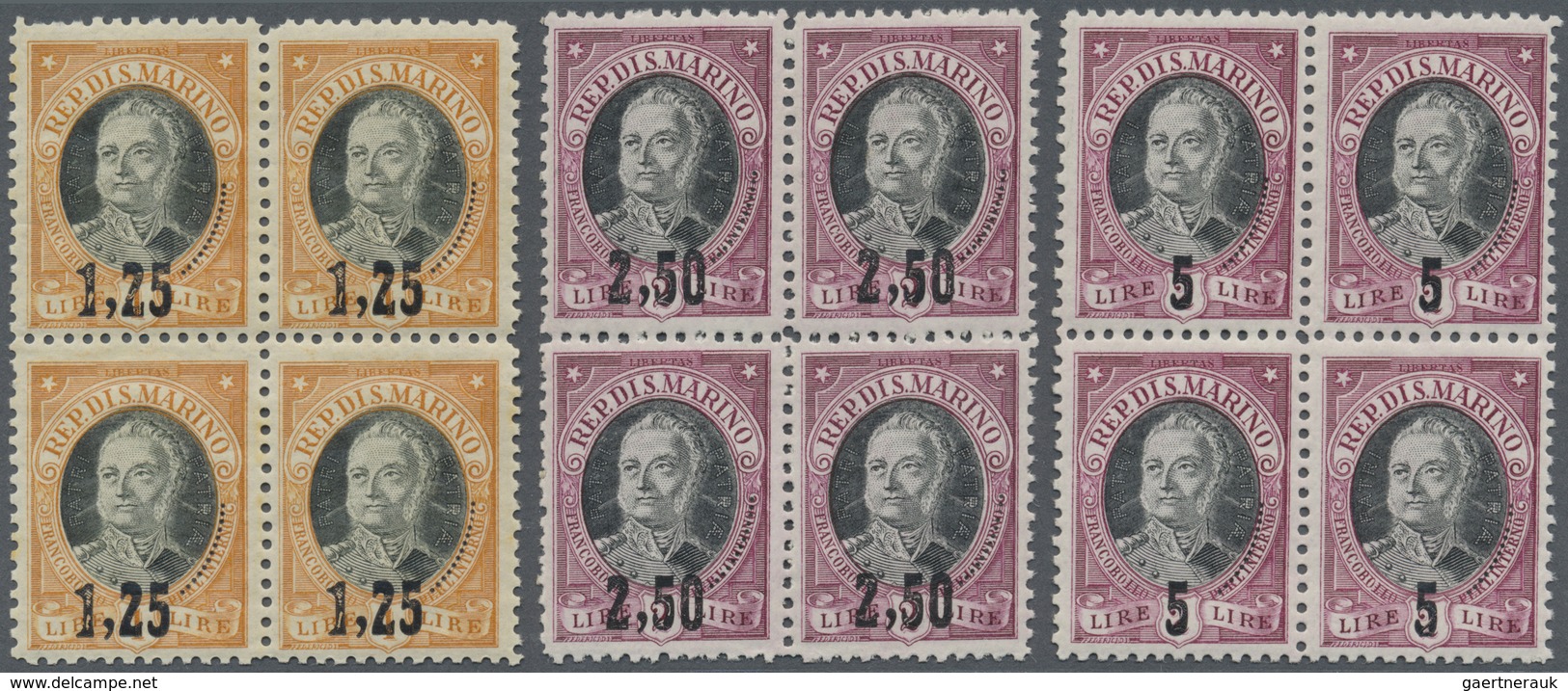 **/ San Marino: 1927, Ravaluation Overprints On Antonio Onofri, Complete Set Of Three Values As Blocks O - Neufs