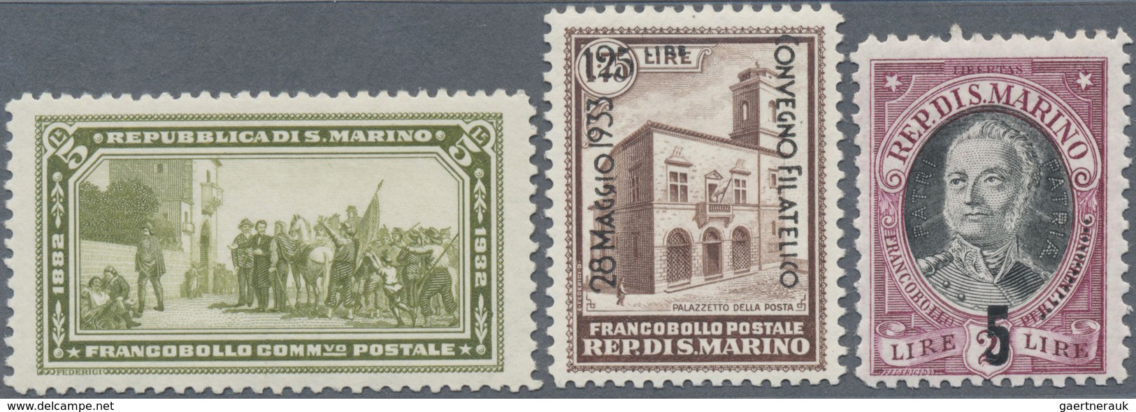 ** San Marino: 1932 - 1934, Antonio Onofri 5.00 L On 2 L, Garibaldi 5 Lire Olive, Philatelic Congress 1 - Ongebruikt