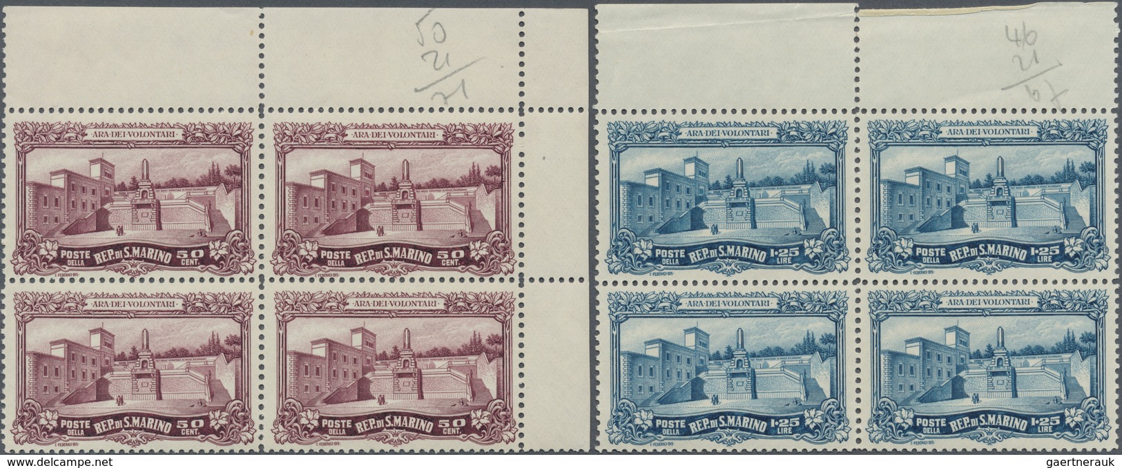 ** San Marino: 1927, Warrior's Monument, Complete Set Of Three Values In Marginal Blocks Of Four (verti - Neufs