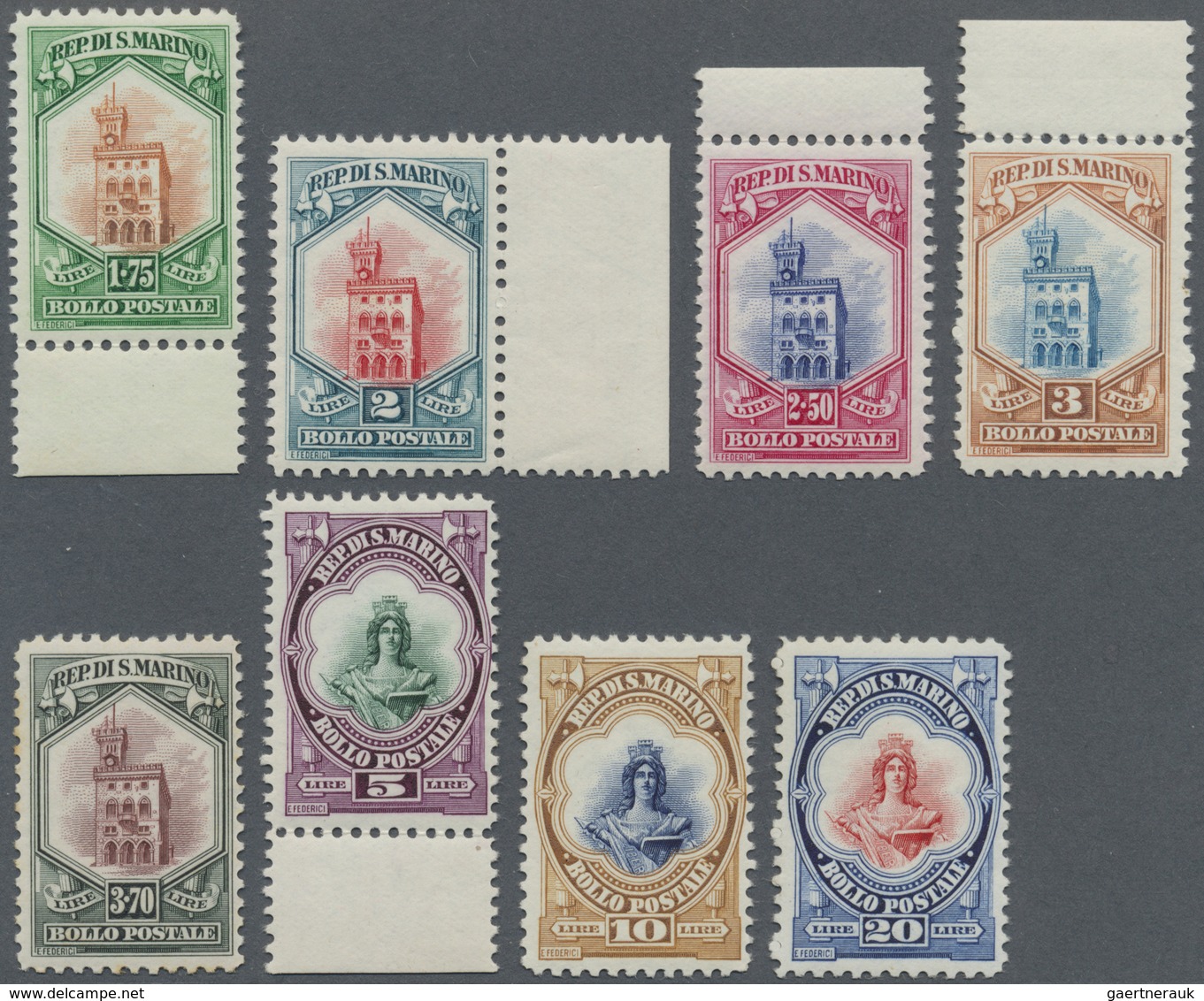 ** San Marino: 1929/1935, Definitives "National Symbols", 5c. To 20l. Without 15l., Set Of 18 Stamps (i - Ongebruikt