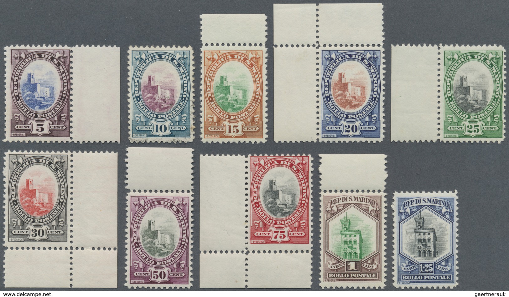 ** San Marino: 1929/1935, Definitives "National Symbols", 5c. To 20l. Without 15l., Set Of 18 Stamps (i - Ongebruikt