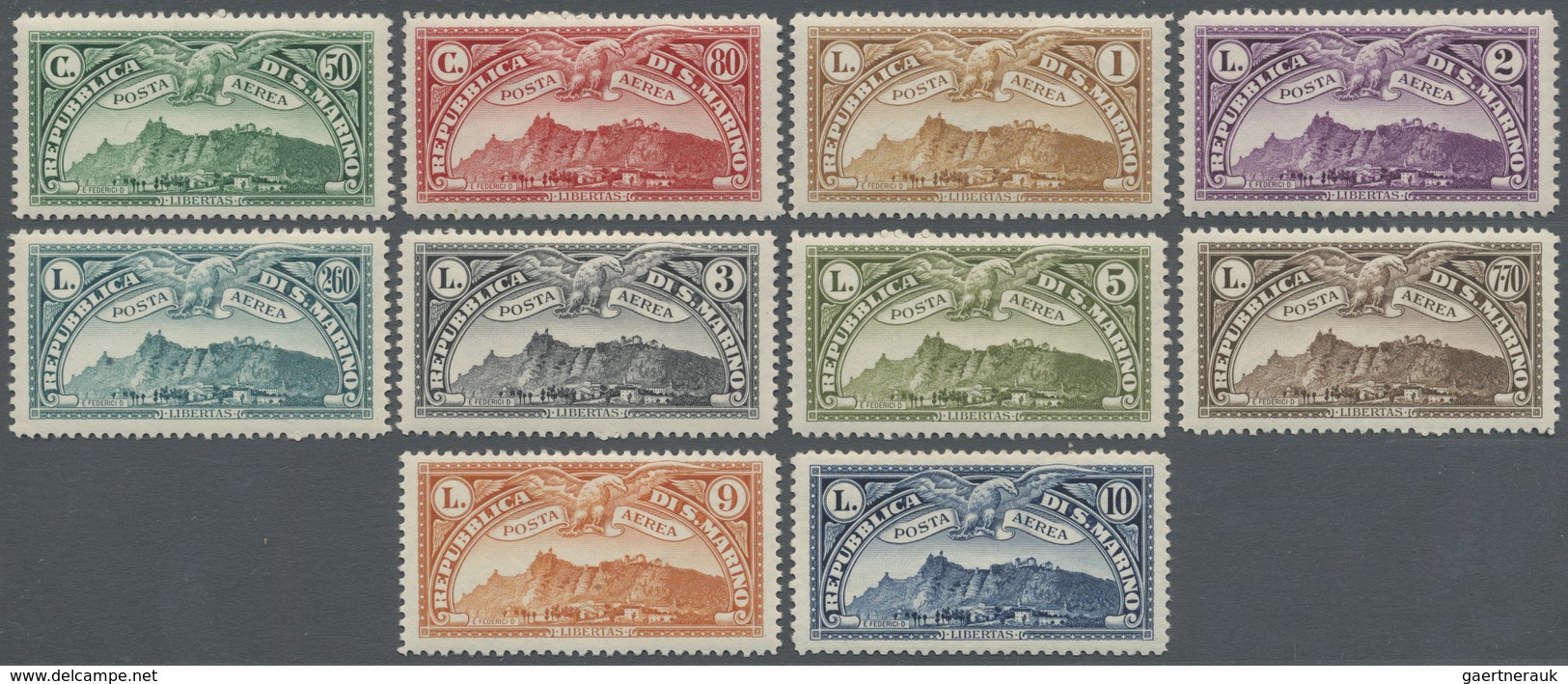 * San Marino: 1931, Airmails, 50c. To 10l., Complete Set Of Ten Values, Mint O.g. With Hinge Remnants. - Ongebruikt