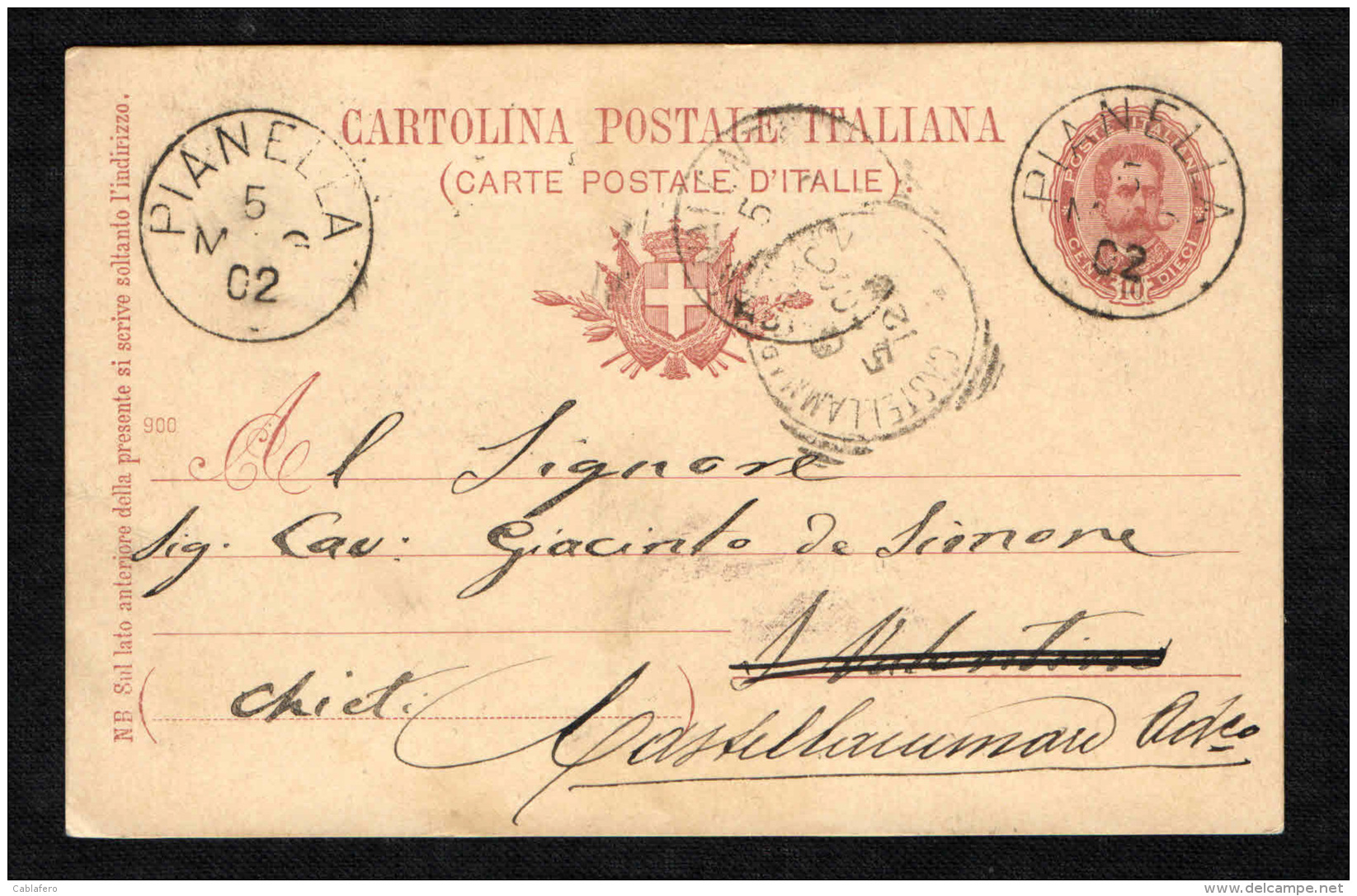 ITALIA REGNO - 5.MAG.02 - DA PIANELLA VERSO CASTELLAMMARE ADRIATICO - 10 CENT. - Interi Postali