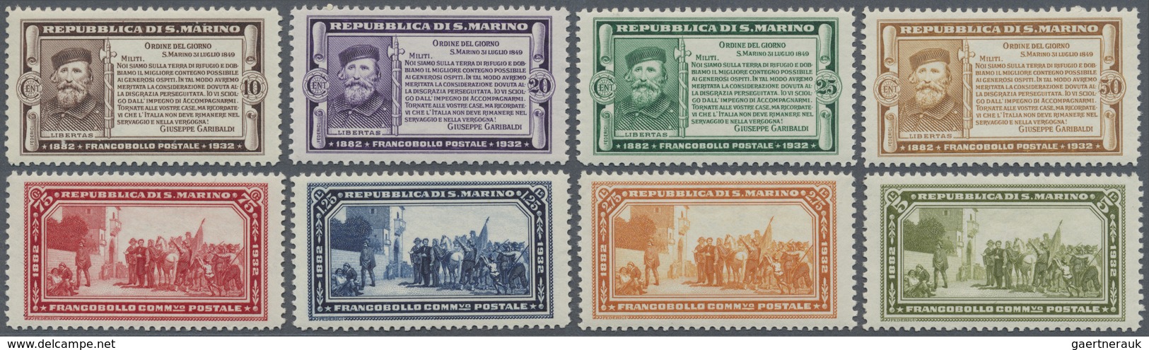 ** San Marino: 1932, Garibaldi, 10c. To 5l., Complete Set Of Eight Values, Unmounted Mint. Sass. 168/75 - Ongebruikt