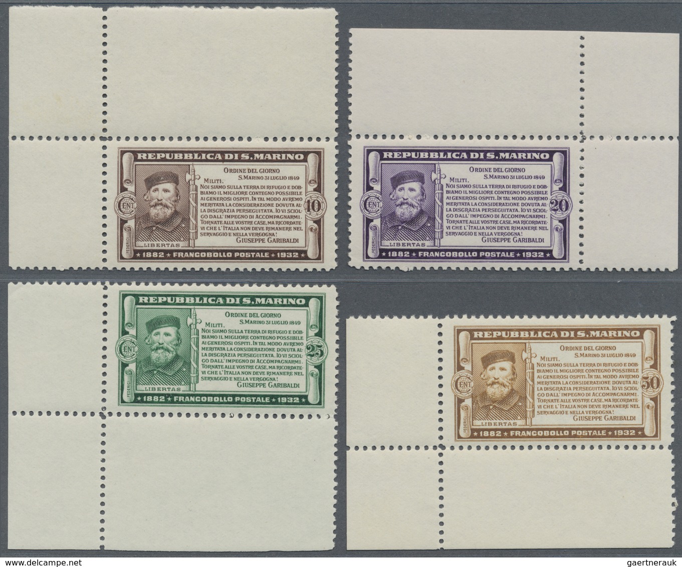 ** San Marino: 1932, 50. Todestag Garibaldis Kompletter Satz Aus Teils Unterschiedl. Bogenecken, Postfr - Unused Stamps