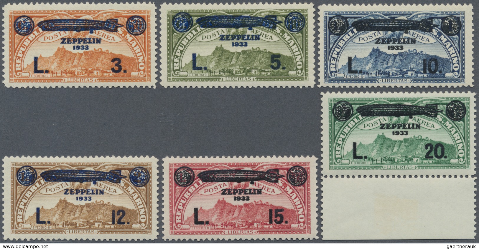 **/* San Marino: 1933, Zeppelin Overprints, Complete Set Of Six Values, Mint O.g., Mainly Unmounted Mint, - Neufs