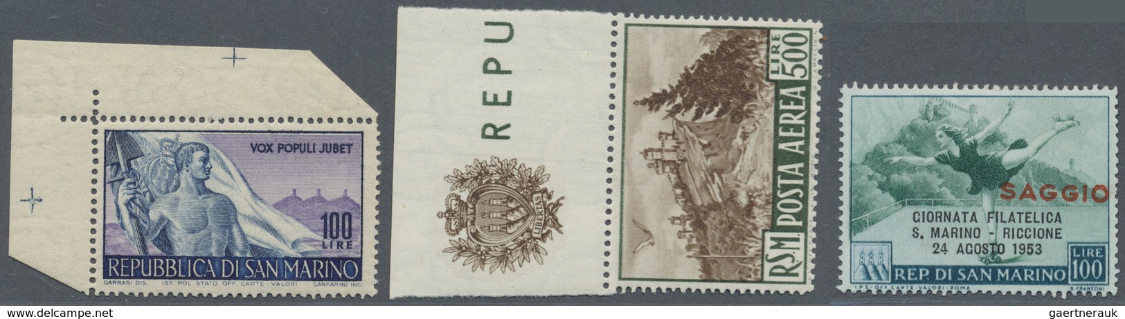 ** San Marino: 1947/1953, Lot Mit 7 Postfrischen Werten, Dabei Mi.Nr.: 396 (4), 401, 460 Vom Oberrand U - Ongebruikt