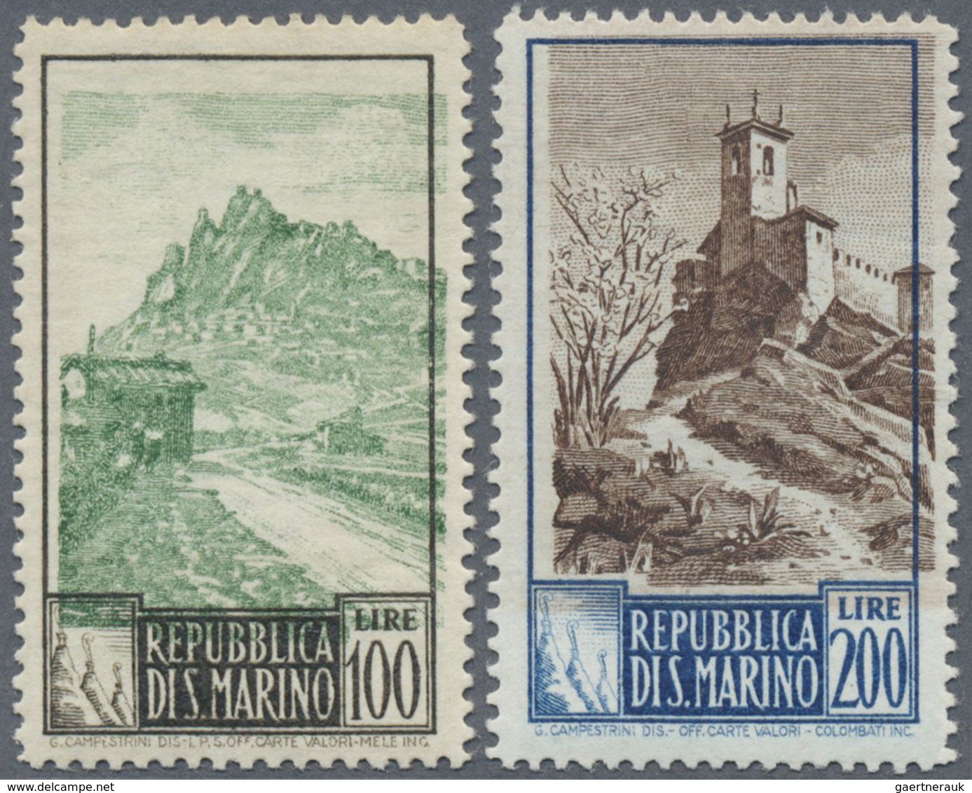 ** San Marino: 1949, Views 100 L And 200 L With Extreme Register Shift. - Neufs