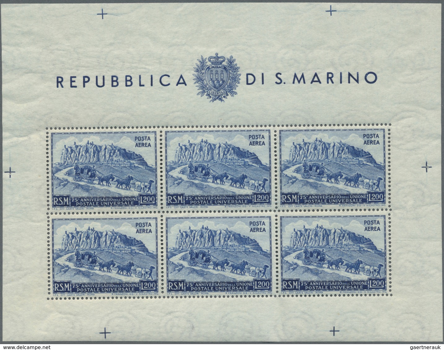 ** San Marino: 1950, 75 Jahre Weltpostverein 200 L. Blau Im Gezähnten Und UNGEZÄHNTEN Kleinbogen, Postf - Neufs