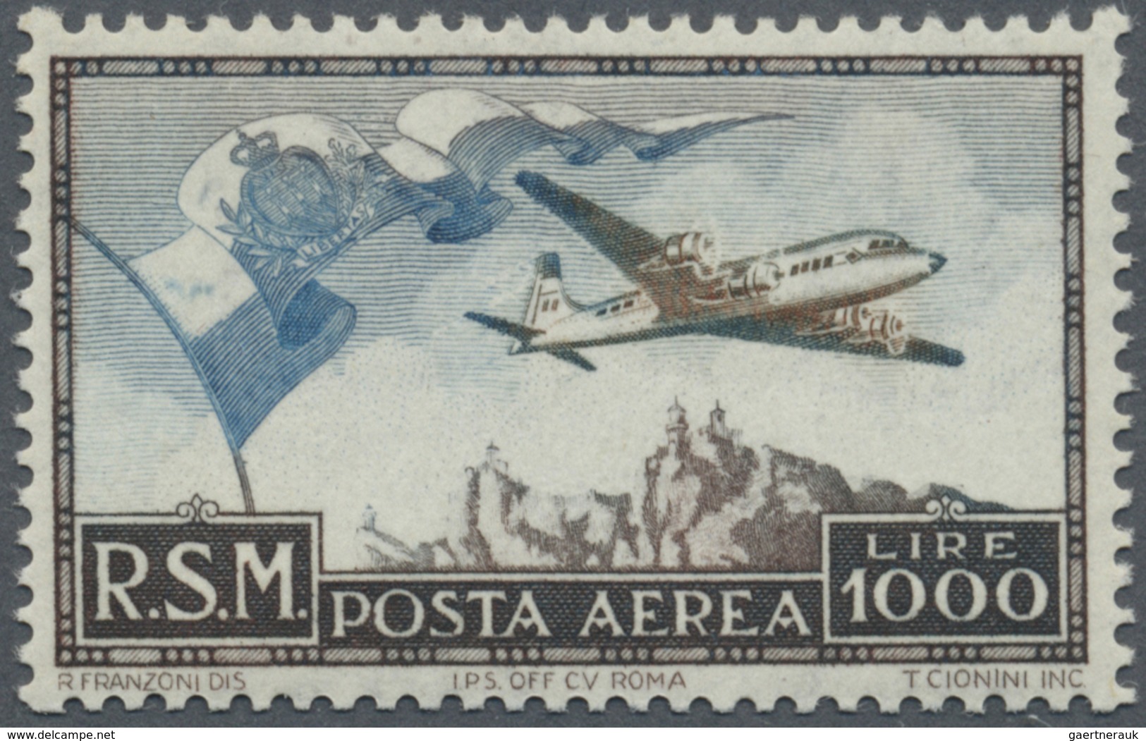 ** San Marino: 1951, Airmail 1000 L. Blue And Brown, Mint Never Hinged, Fine, Certificate Enzo Diena - Neufs