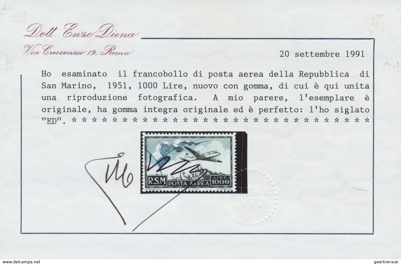 ** San Marino: 1951, Airmail 1000 L. Blue And Brown, Mint Never Hinged, Fine, Certificate Enzo Diena - Ongebruikt