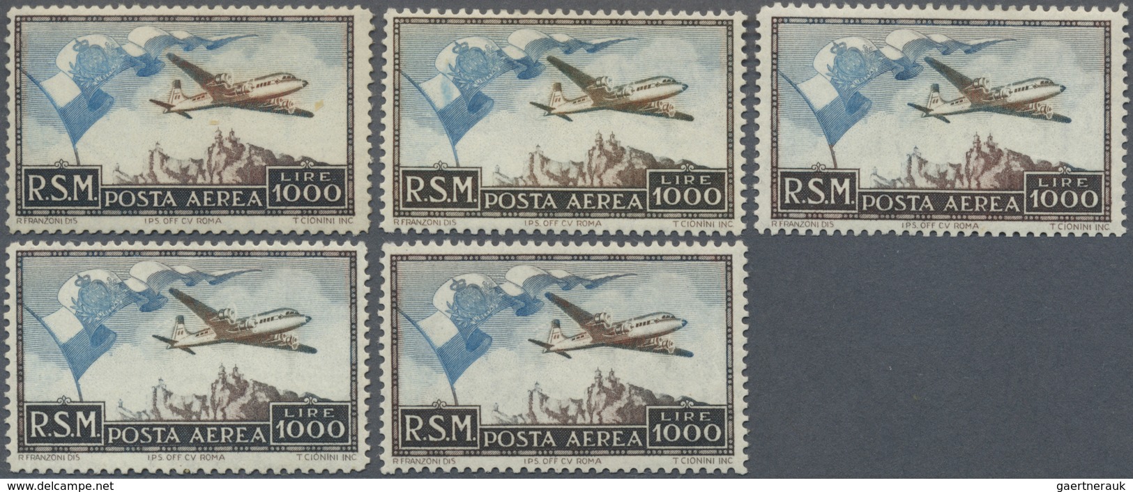 * San Marino: 1951, 1000l. Airmail Stamp, Five Copies, Mint O.g. Sass. PA99, 3.000,- €. - Ongebruikt